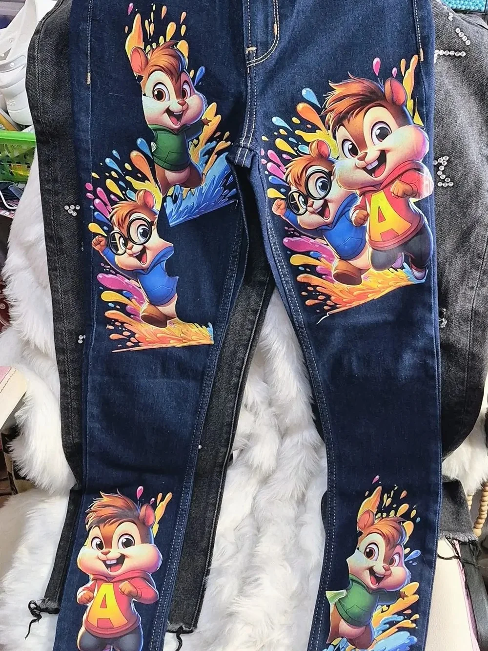 Kids Navy Blue Cartoon Chipmunk Print Jeans